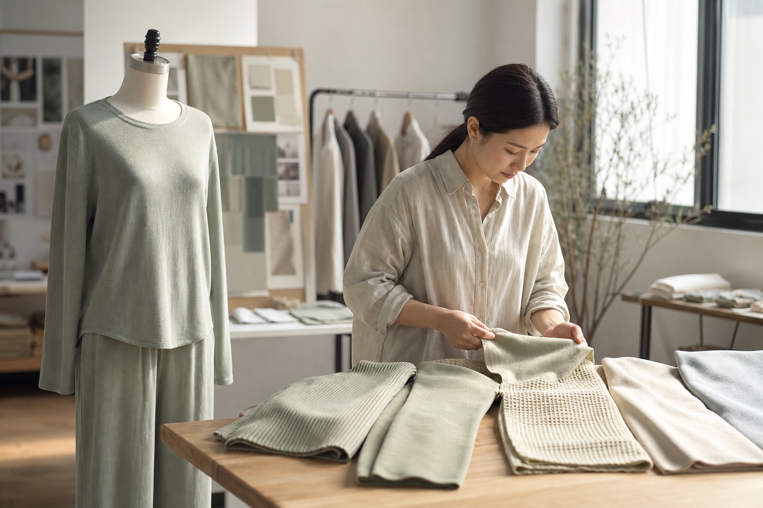 Asian apparel developer reviewing a sage loungewear set and knit fabric swatches in a bright fashion sample room