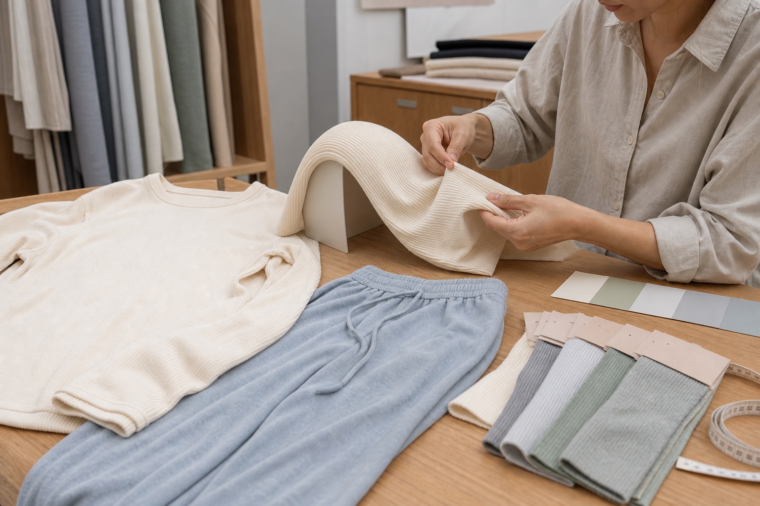 Apparel technician checking the drape of cream rib knit beside a lounge top, blue-grey pajama trouser, and unbranded fabric headers