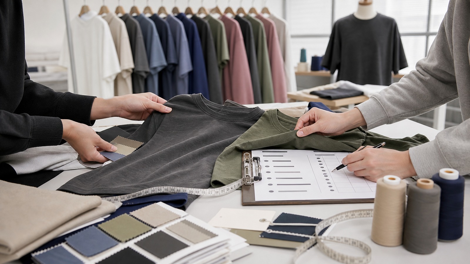 Fashion sourcing team comparing manufacturer samples, fabric cards, and production documents