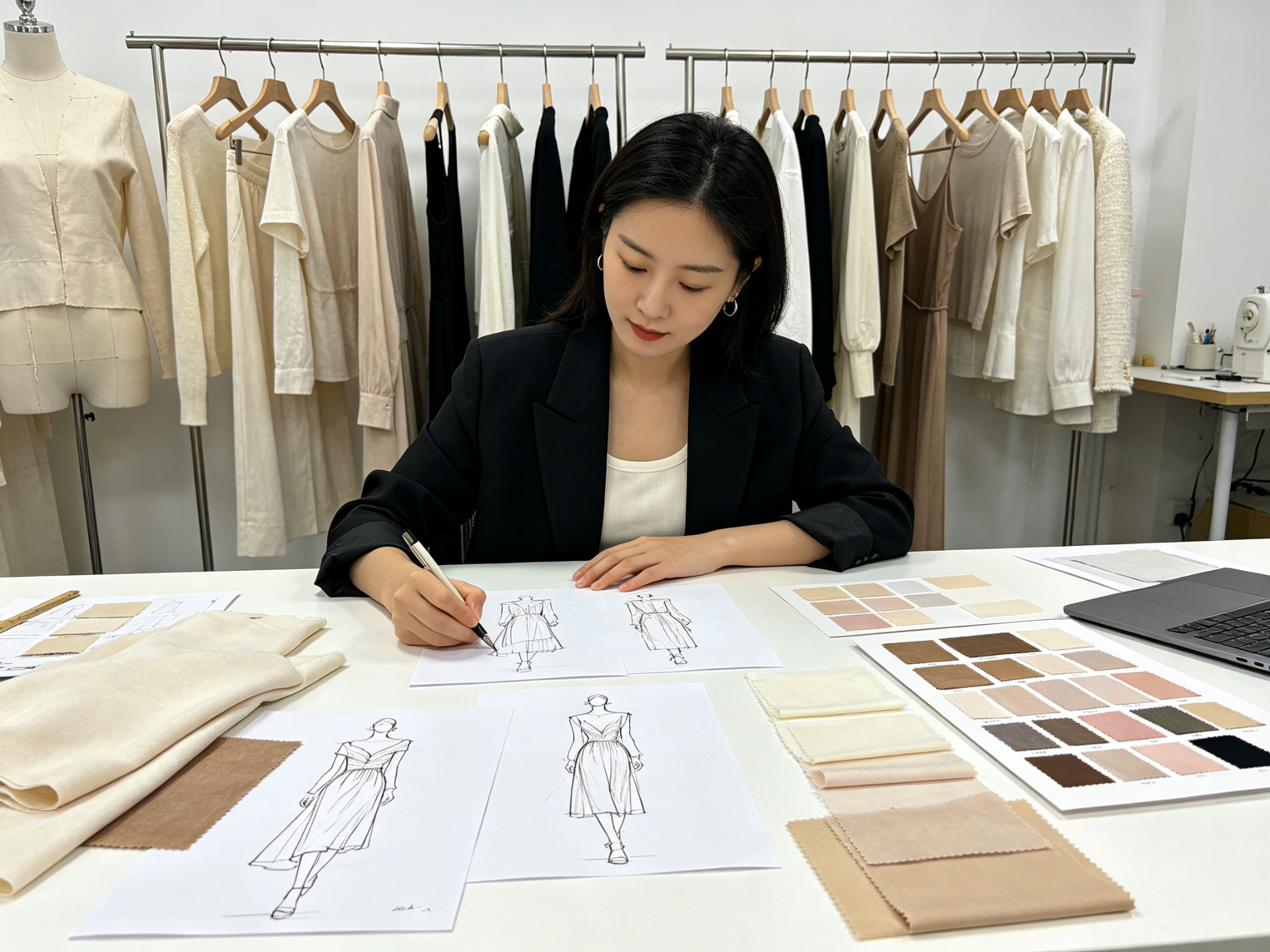 Supplied fashion-development image showing a designer reviewing garment sketches, fabric swatches, and neutral apparel samples