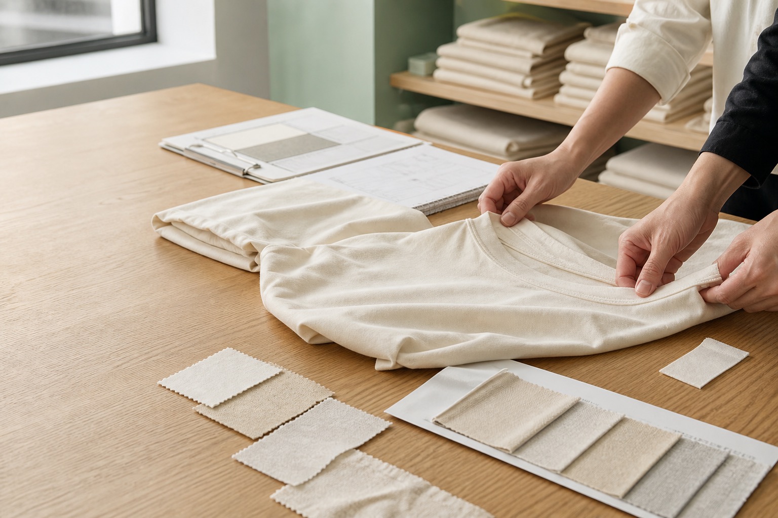 Apparel development team reviewing an unbranded cream cotton T-shirt, cotton knit swatches, and sample documentation in a fashion studio