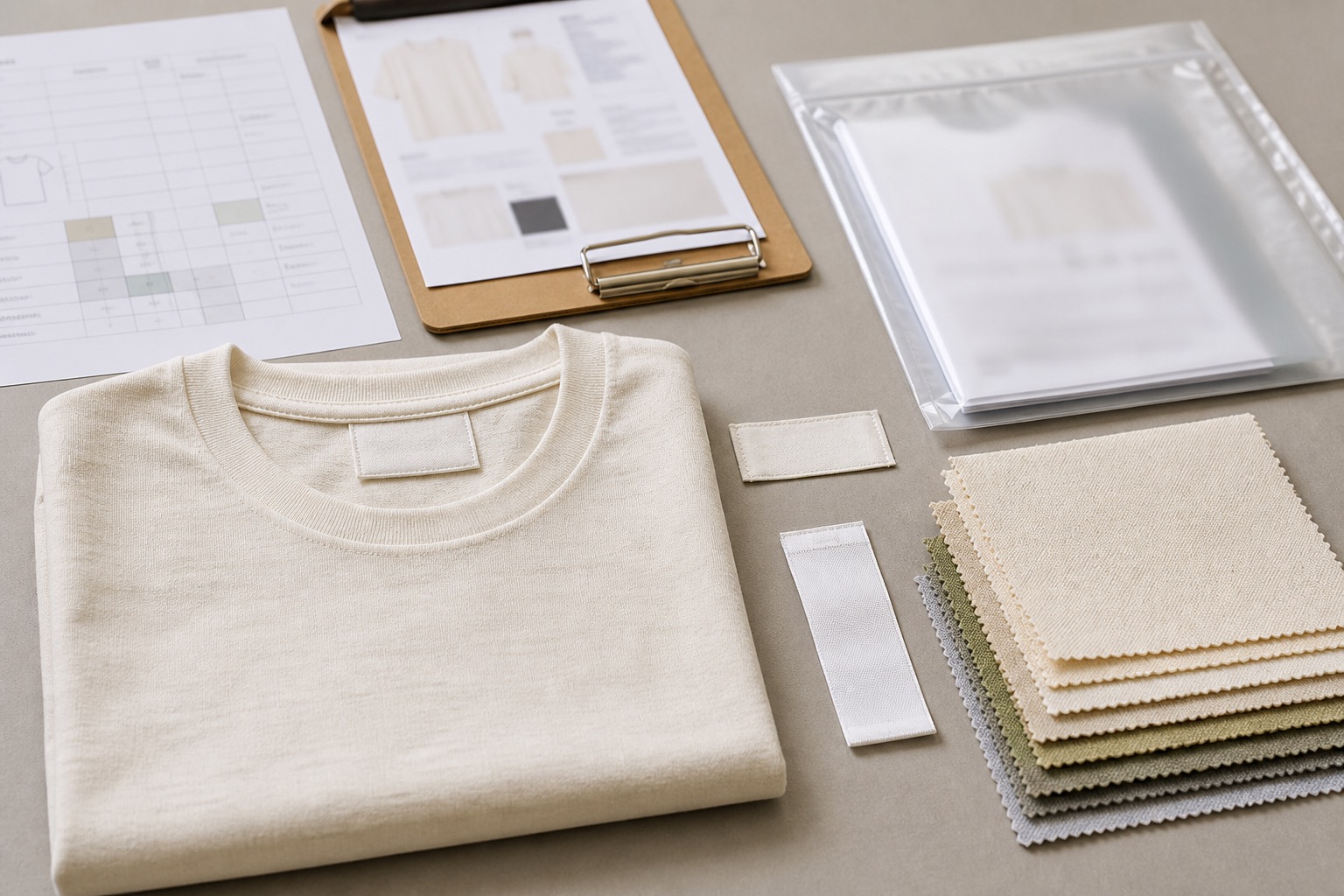 Unbranded cream cotton T-shirt, blank label samples, cotton swatches, garment checklist, and document sleeve arranged for a private-label sample review