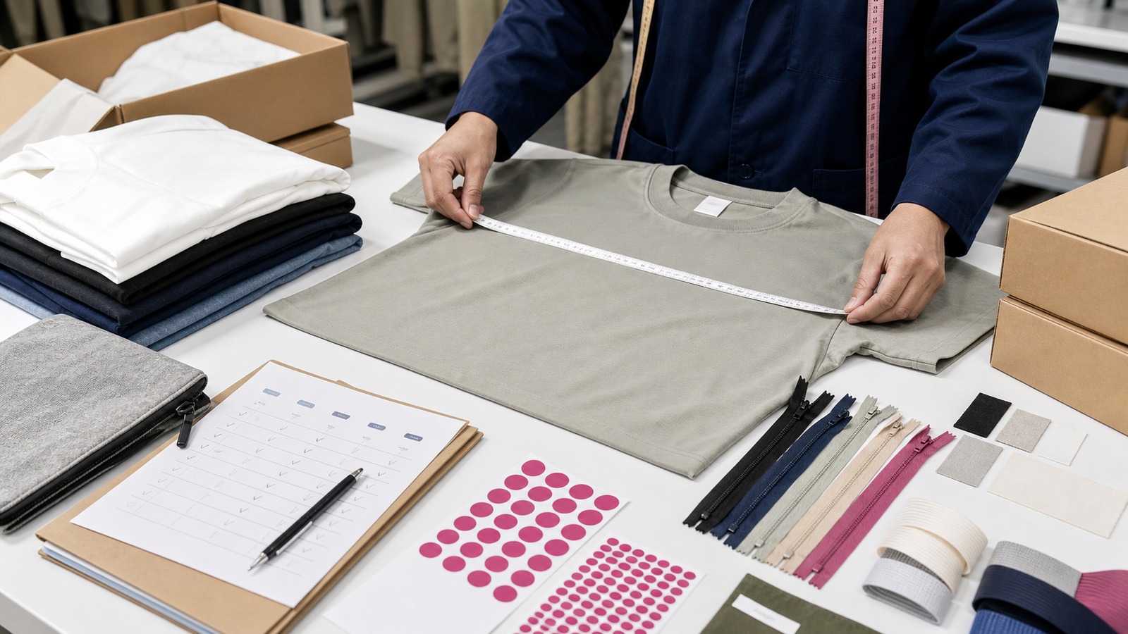Fashion clothing and accessories quality control table with measuring tape, labels, trims, and inspection records