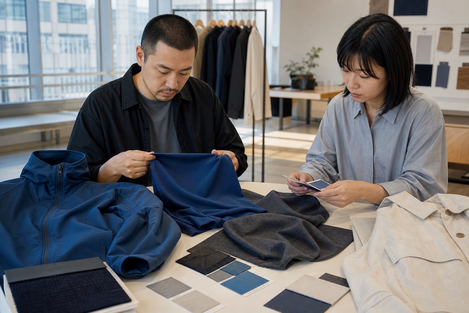 Apparel developer and fashion buyer reviewing deep-blue fabric, jacket samples, and material swatches for recycled polyester sourcing