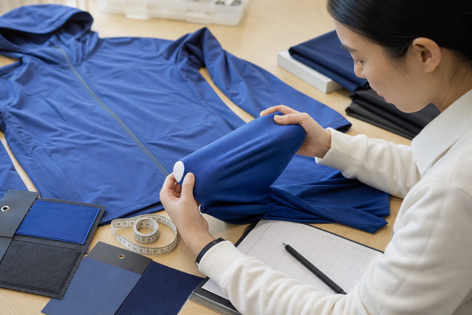 Apparel technician checking a deep-blue knit sample beside a blue jacket, colour card, fabric headers, tape measure, and sample record