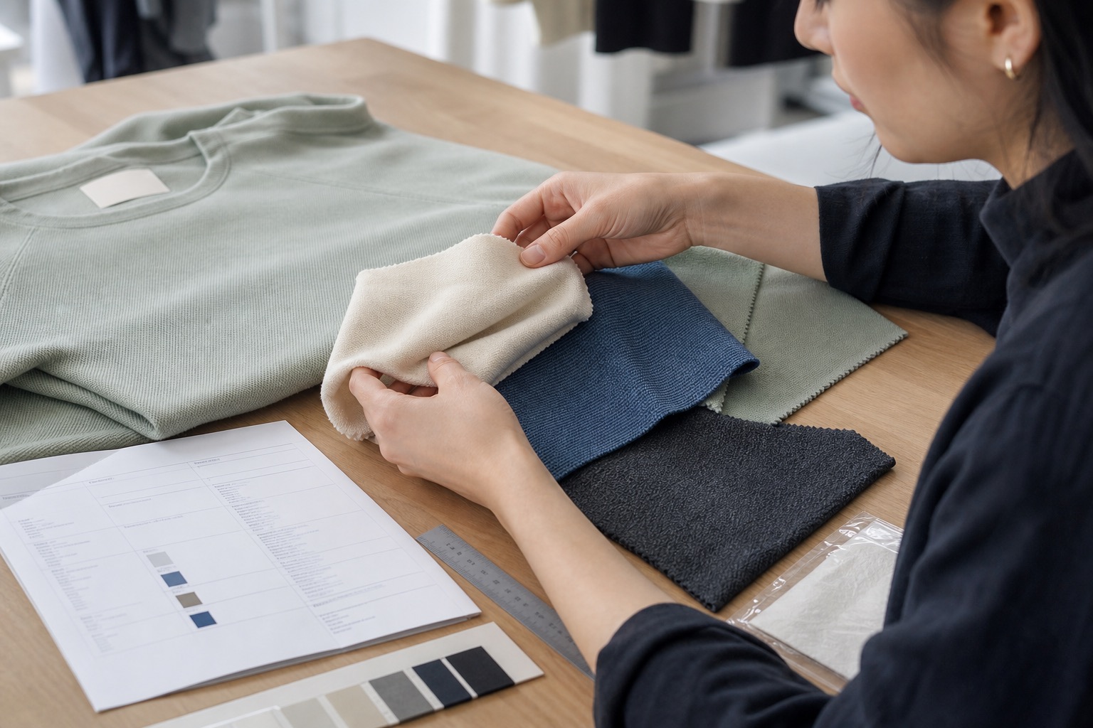 Material specialist checking cream, blue, charcoal, and sage fabric headers beside a garment sample and unbranded material record