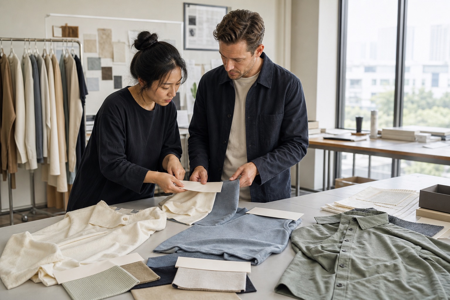 Fashion buyer and apparel developer reviewing garment samples, fabric headers, and unbranded material information before sampling