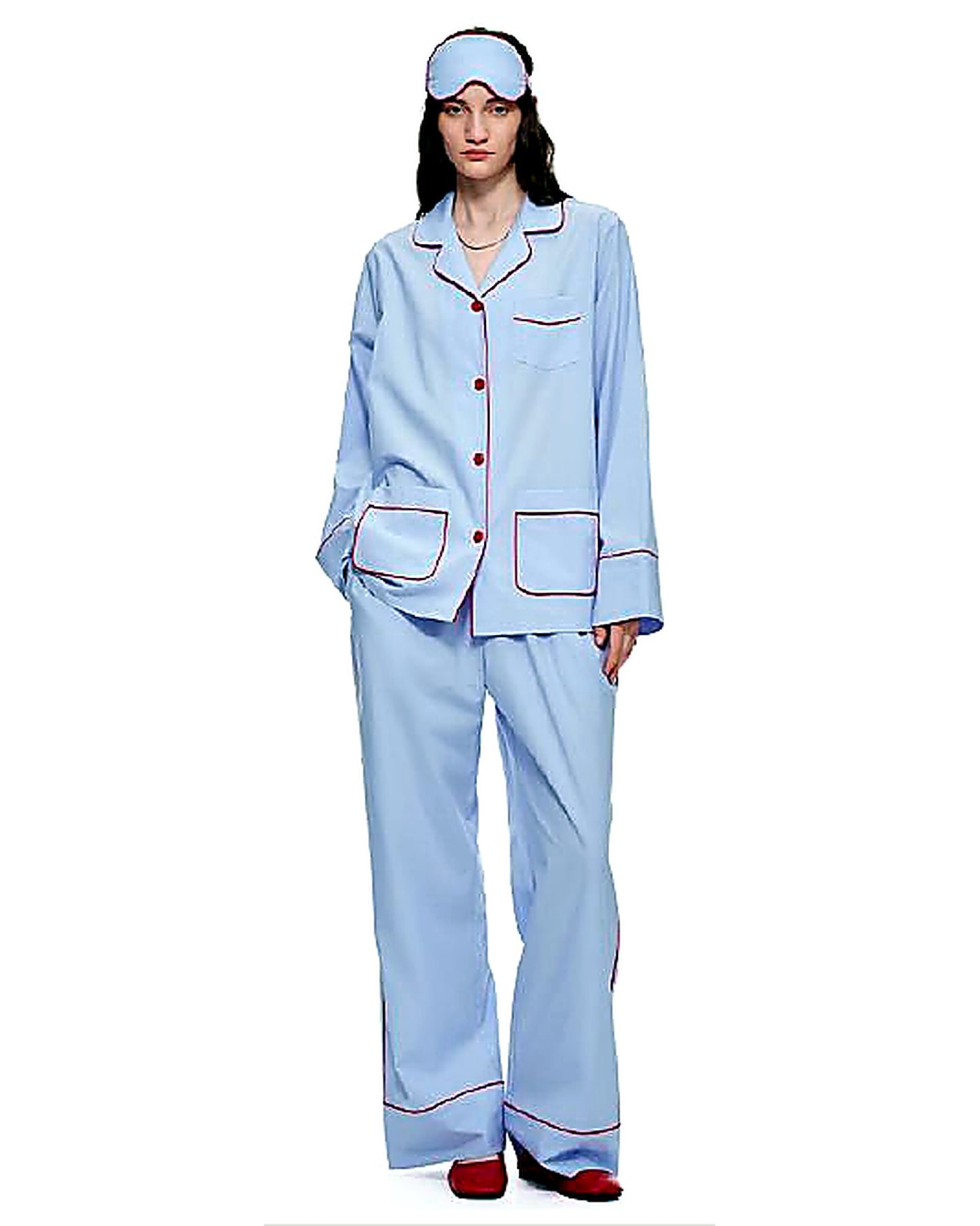 Light-blue piped pajama set showing collar, pocket and trim details for a private-label product brief