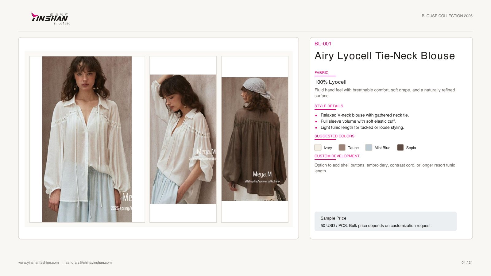 Airy Lyocell Tie-Neck Blouse wearing and construction view 1