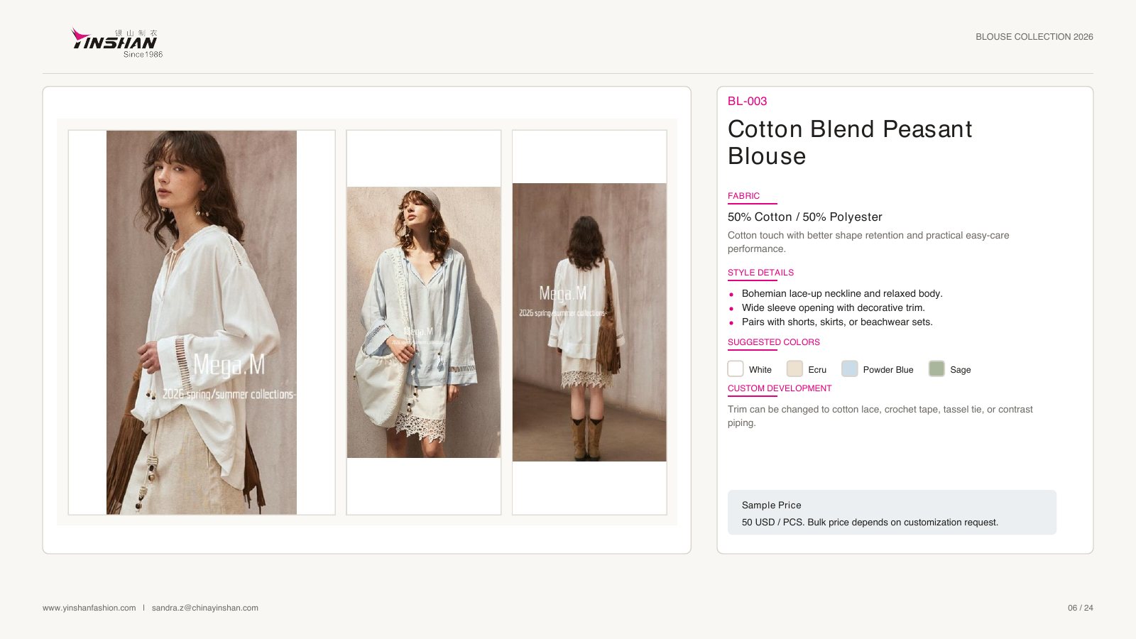 Cotton Blend Peasant Blouse wearing and construction view 1