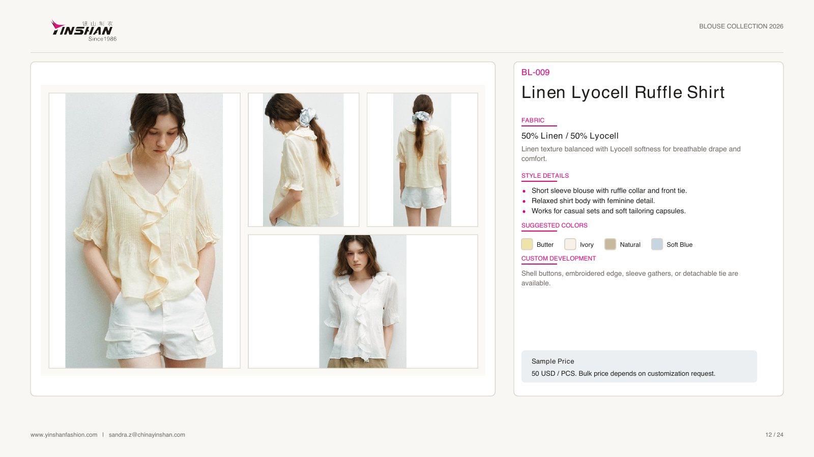 Linen Lyocell Ruffle Shirt wearing and construction view 1