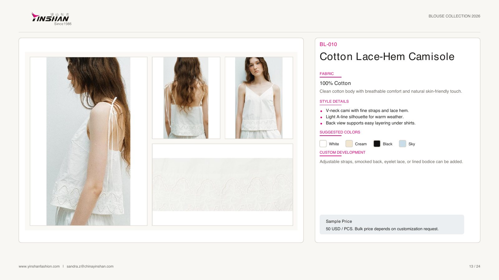 Cotton Lace-Hem Camisole wearing and construction view 1