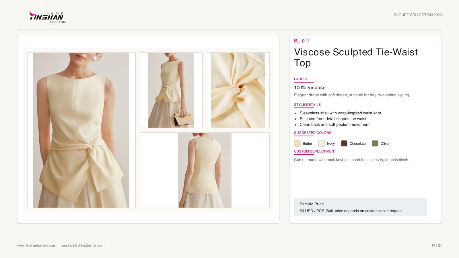 Viscose Sculpted Tie-Waist Top wearing and construction view 1