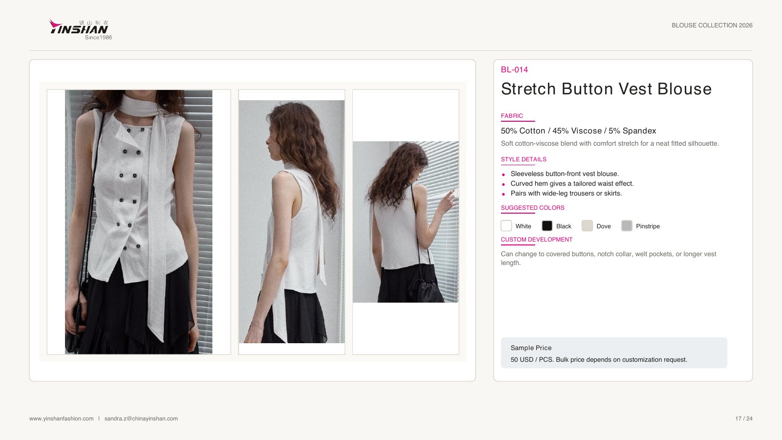 Stretch Button Vest Blouse wearing and construction view 1