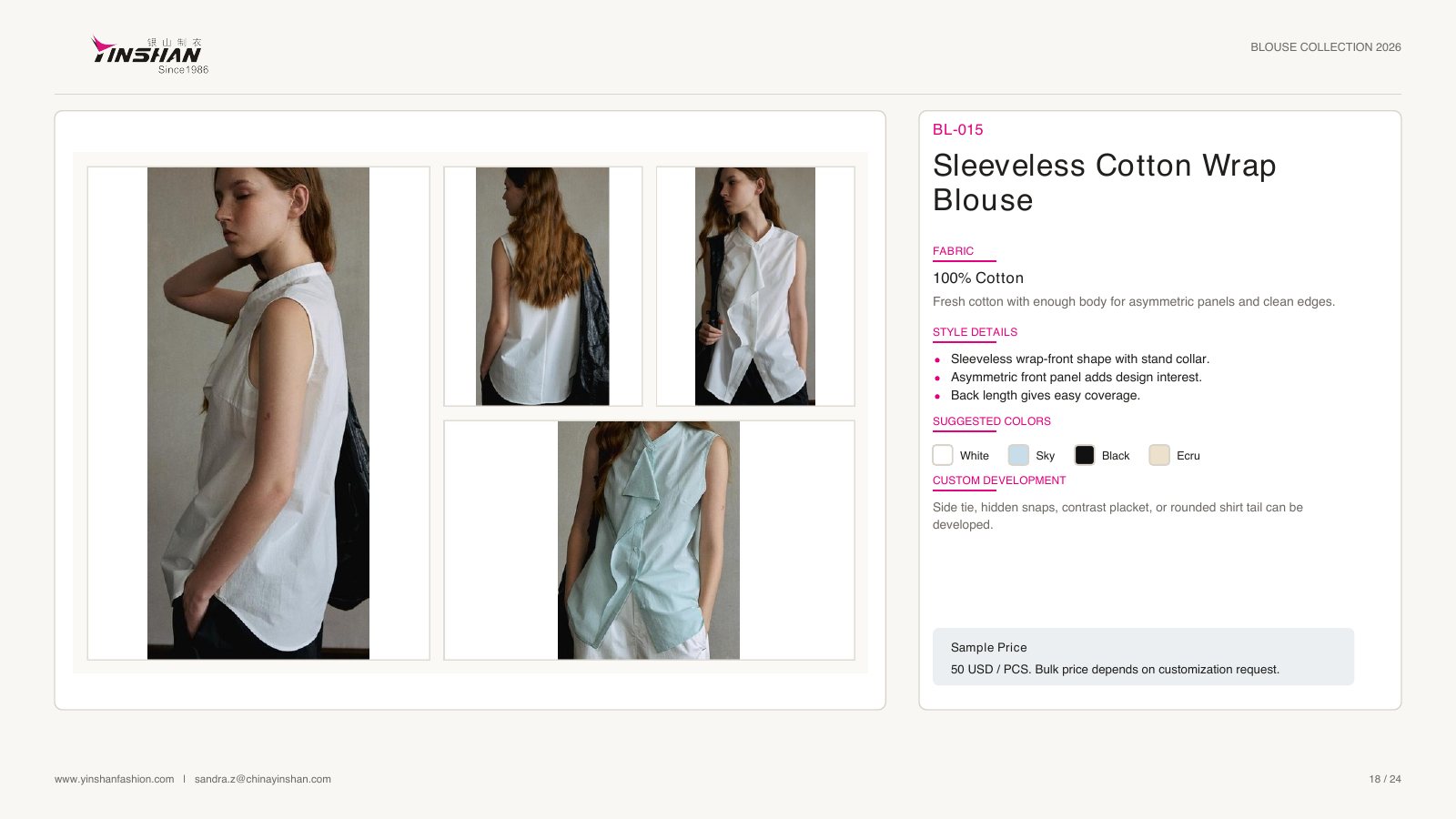 Sleeveless Cotton Wrap Blouse wearing and construction view 1