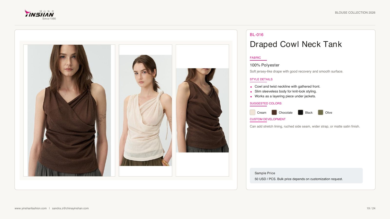 Draped Cowl Neck Tank wearing and construction view 1