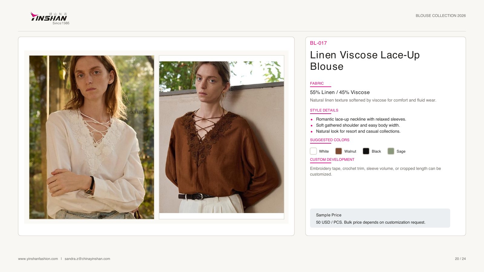 Linen Viscose Lace-Up Blouse wearing and construction view 1