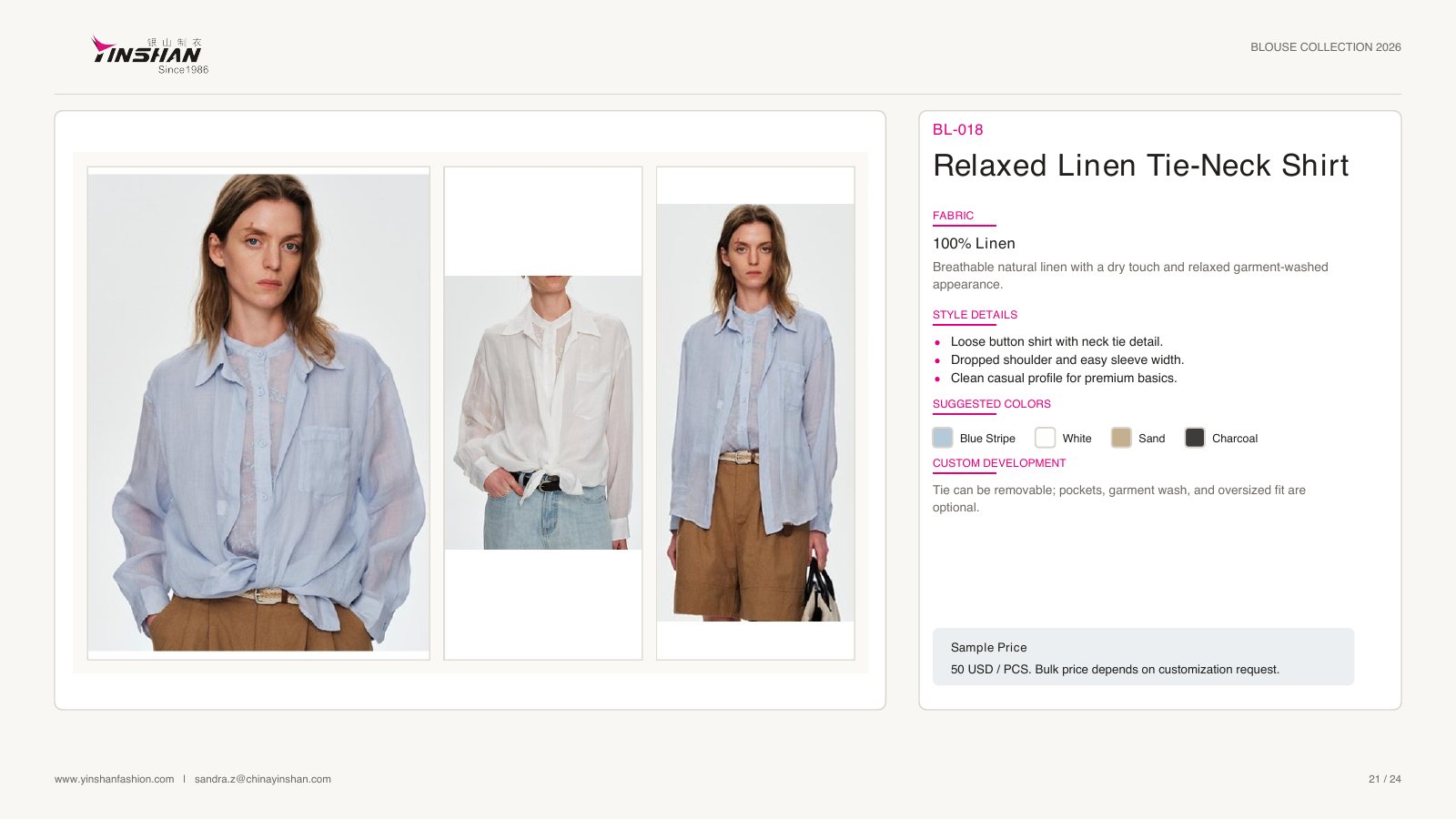 Relaxed Linen Tie-Neck Shirt wearing and construction view 1