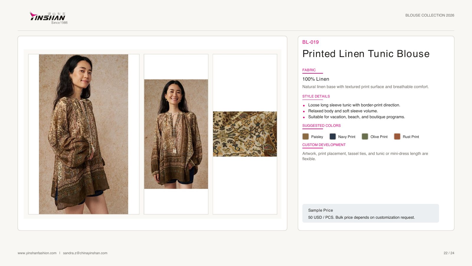 Printed Linen Tunic Blouse wearing and construction view 1