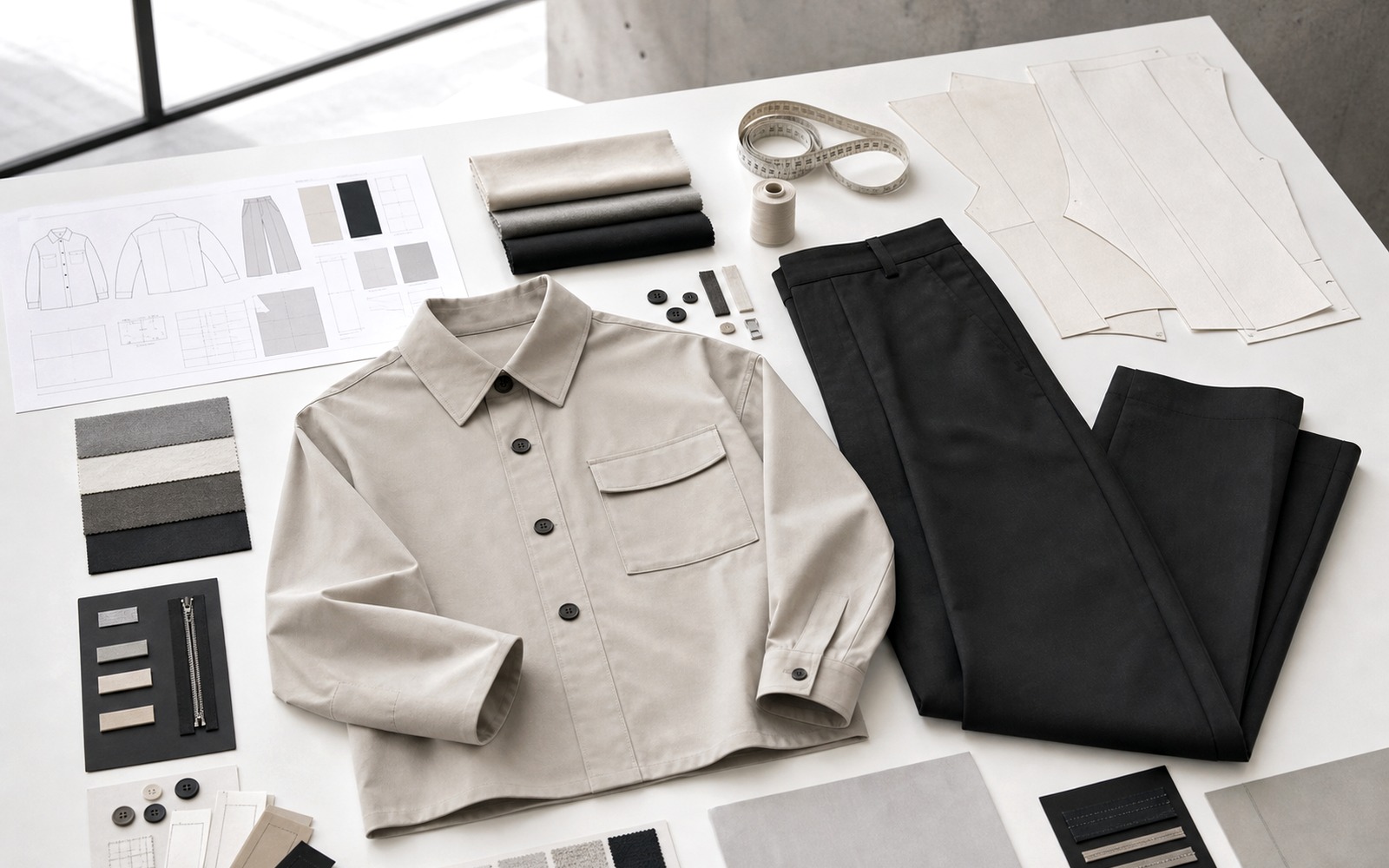 Minimalist apparel production case with structured shirt jacket, trousers, neutral fabrics, seam samples, and pattern pieces
