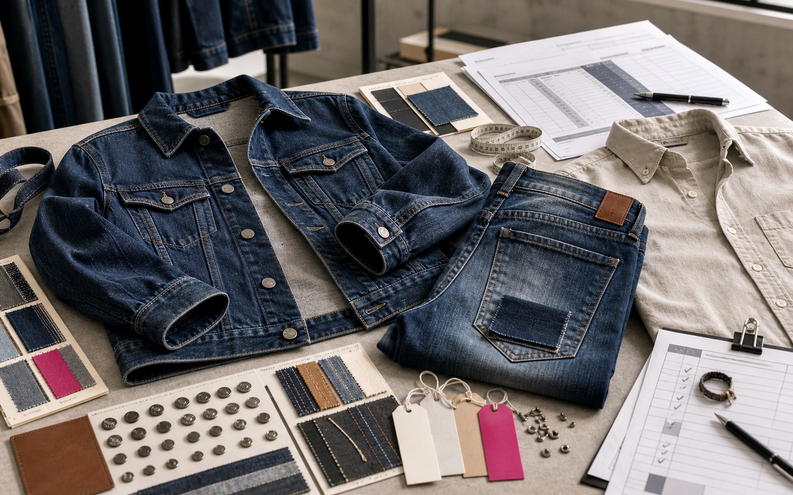 Lee Cooper denim and casualwear case with denim jacket, jeans, wash swatches, rivets, stitching samples, and QC materials