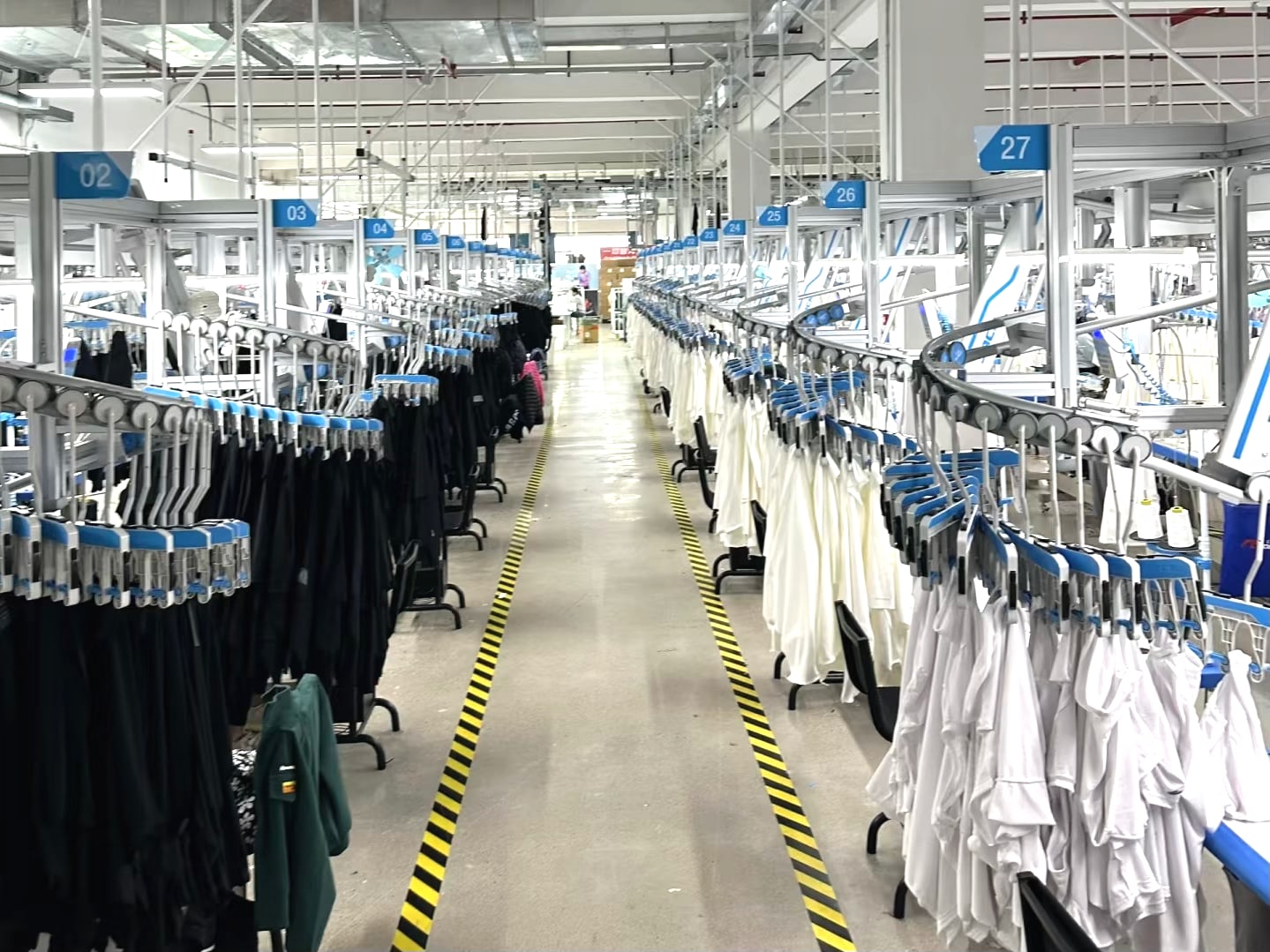 Overhead hanging-line garment system inside the Yinshan Fashion factory