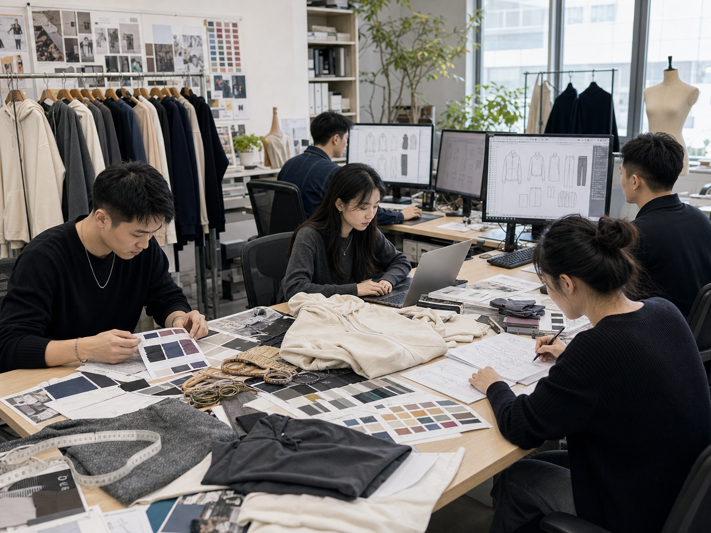 Young Asian fashion designers working on style design, color matching, and fabric selection in the factory design room