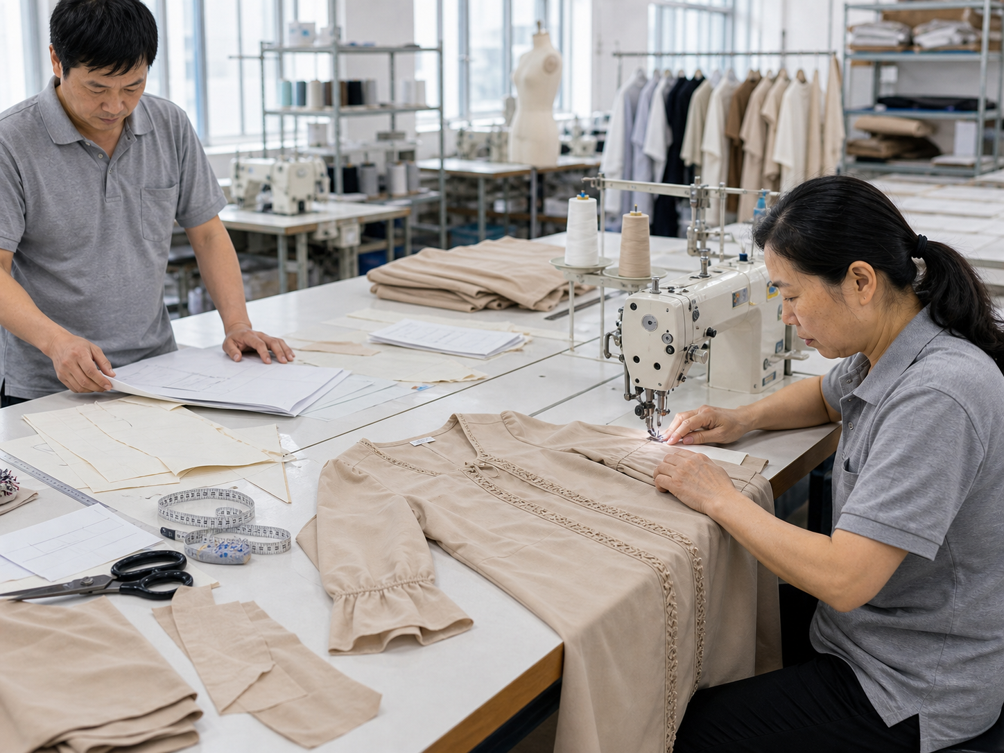 Sample makers sewing and checking a fashion garment sample on a clean factory sample table