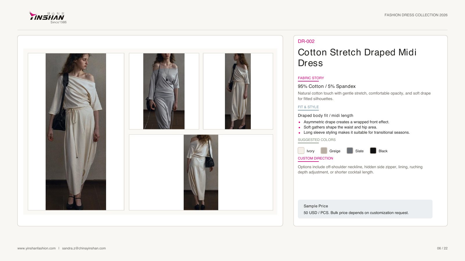 Cotton Stretch Draped Midi Dress wearing and construction view 1