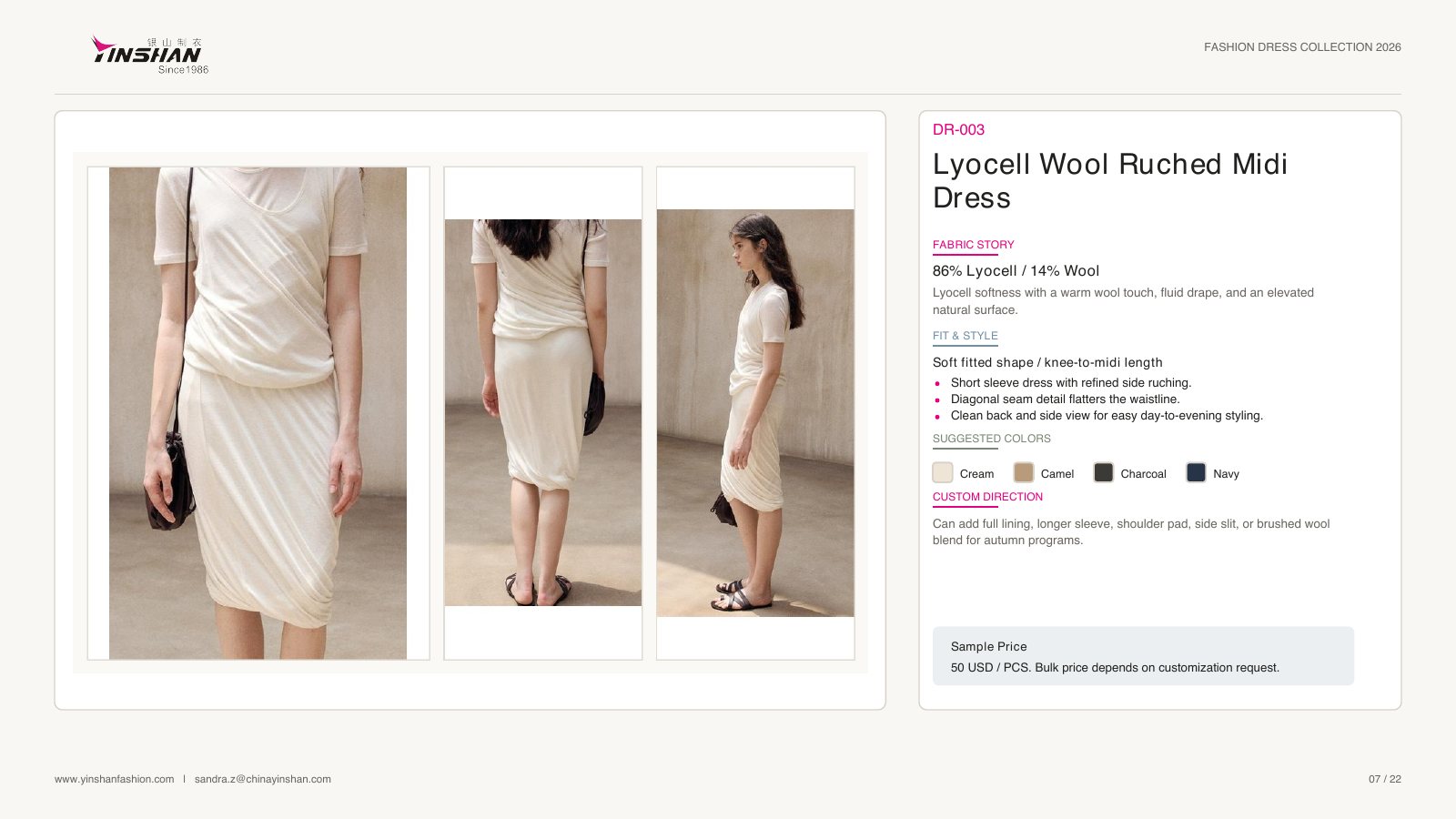 Lyocell Wool Ruched Midi Dress wearing and construction view 1