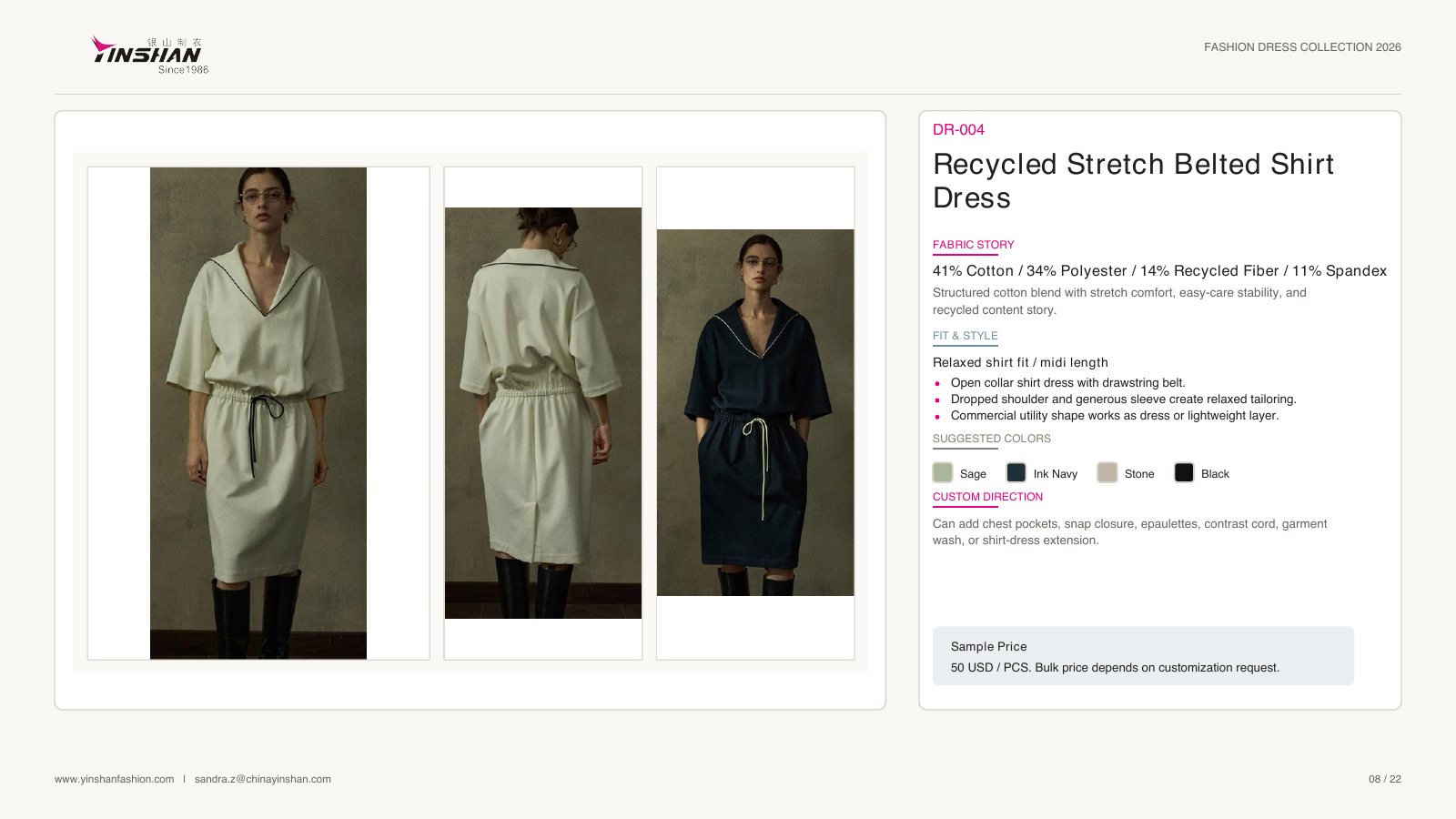 Recycled Stretch Belted Shirt Dress wearing and construction view 1