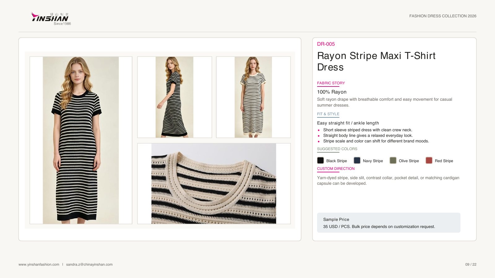 Rayon Stripe Maxi T-Shirt Dress wearing and construction view 1