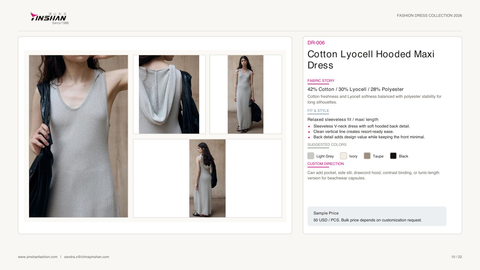 Cotton Lyocell Hooded Maxi Dress wearing and construction view 1