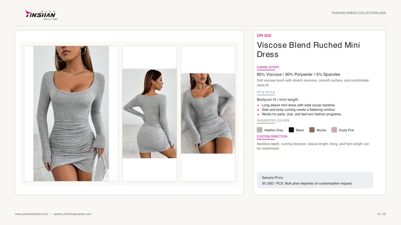 Viscose Blend Ruched Mini Dress wearing and construction view 1