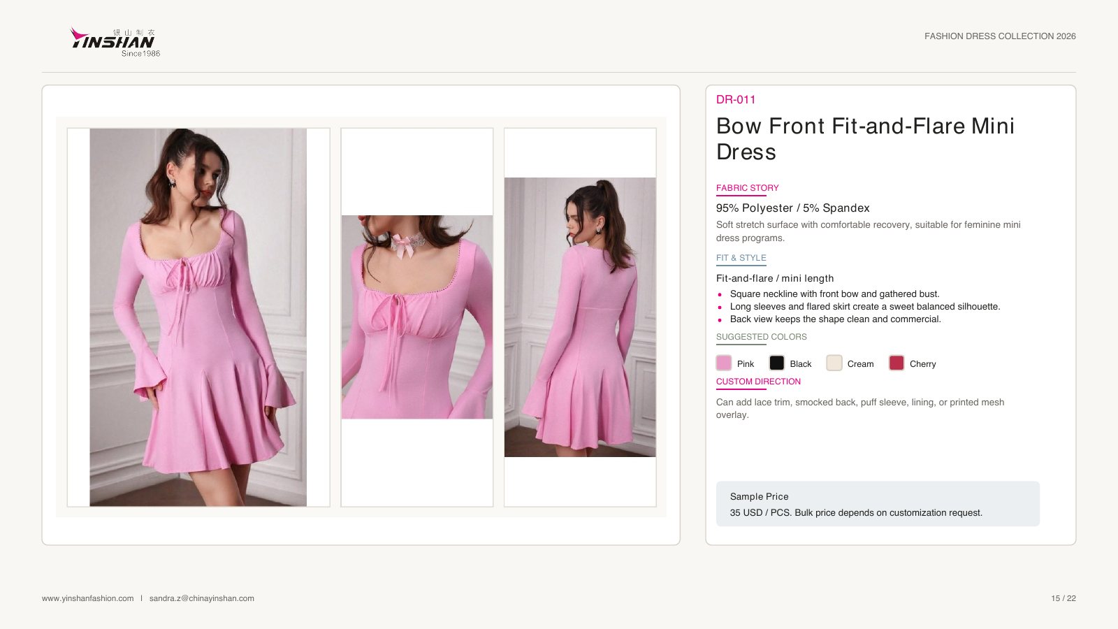 Bow Front Fit-and-Flare Mini Dress wearing and construction view 1