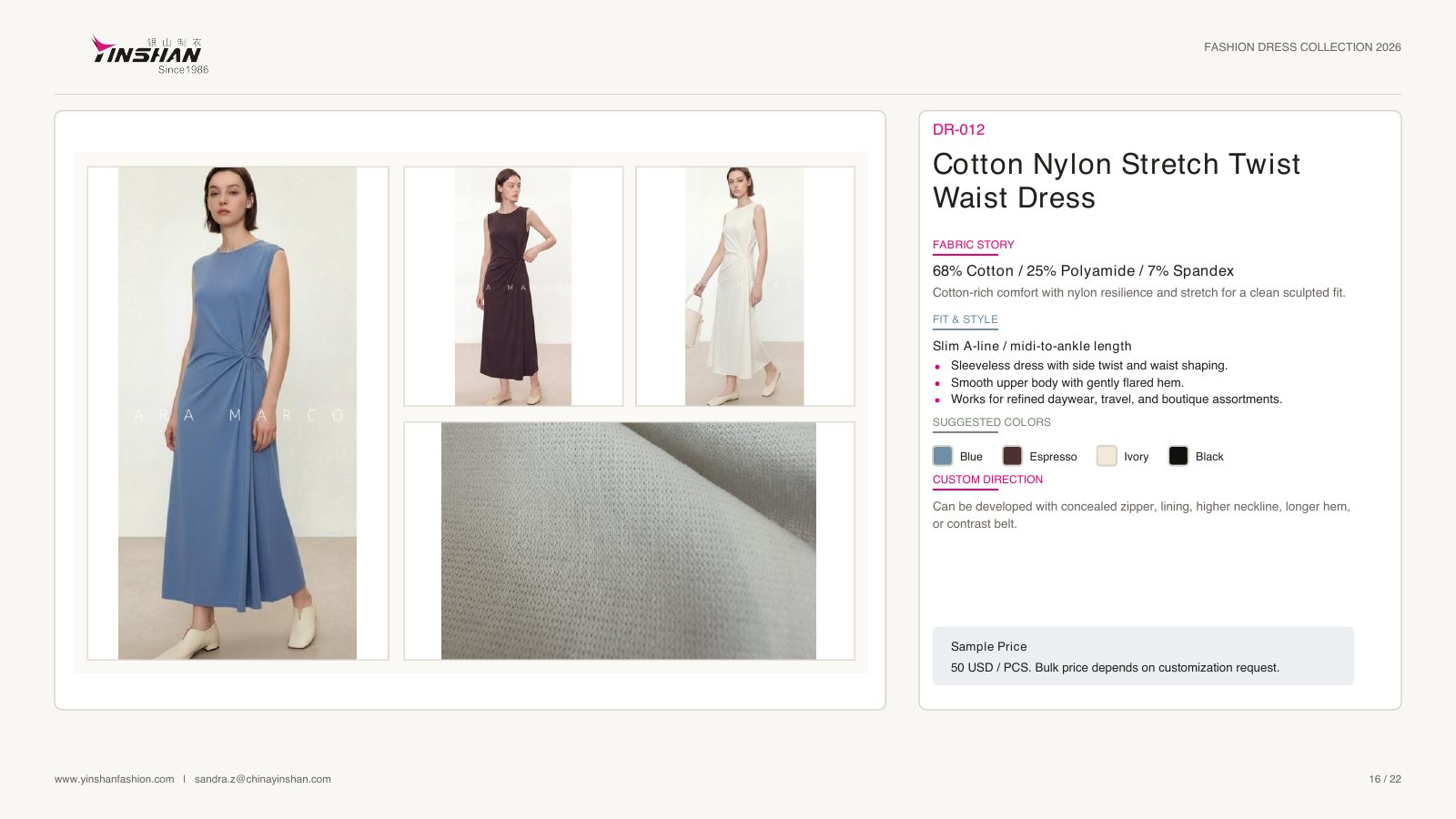Cotton Nylon Stretch Twist Waist Dress wearing and construction view 1
