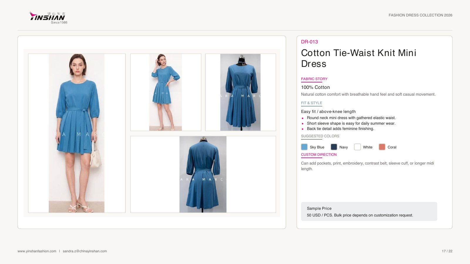 Cotton Tie-Waist Knit Mini Dress wearing and construction view 1