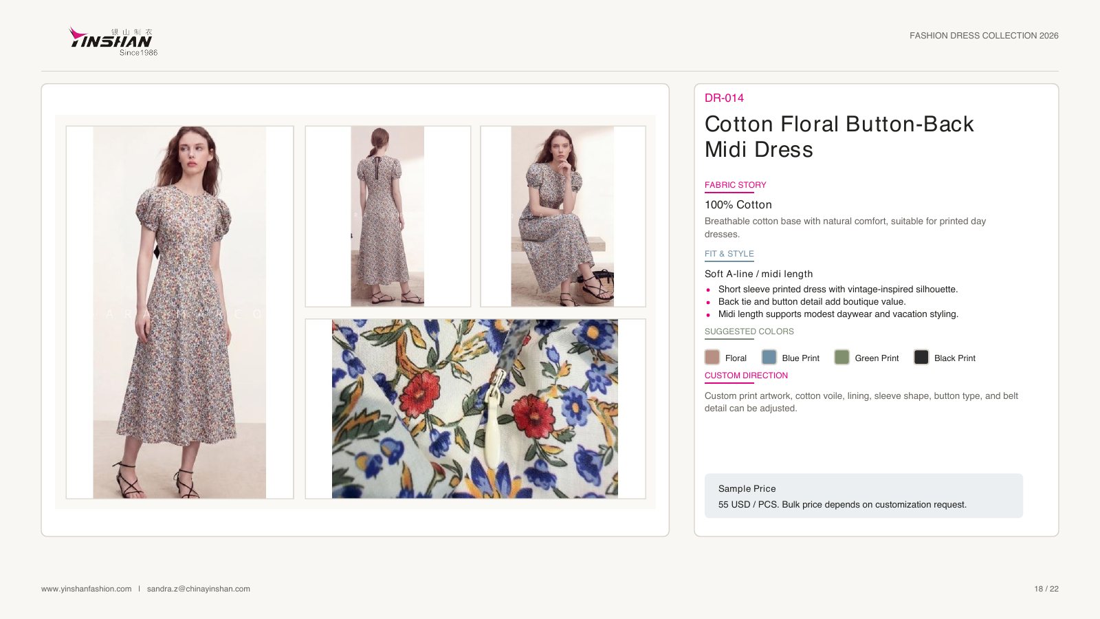 Cotton Floral Button-Back Midi Dress wearing and construction view 1