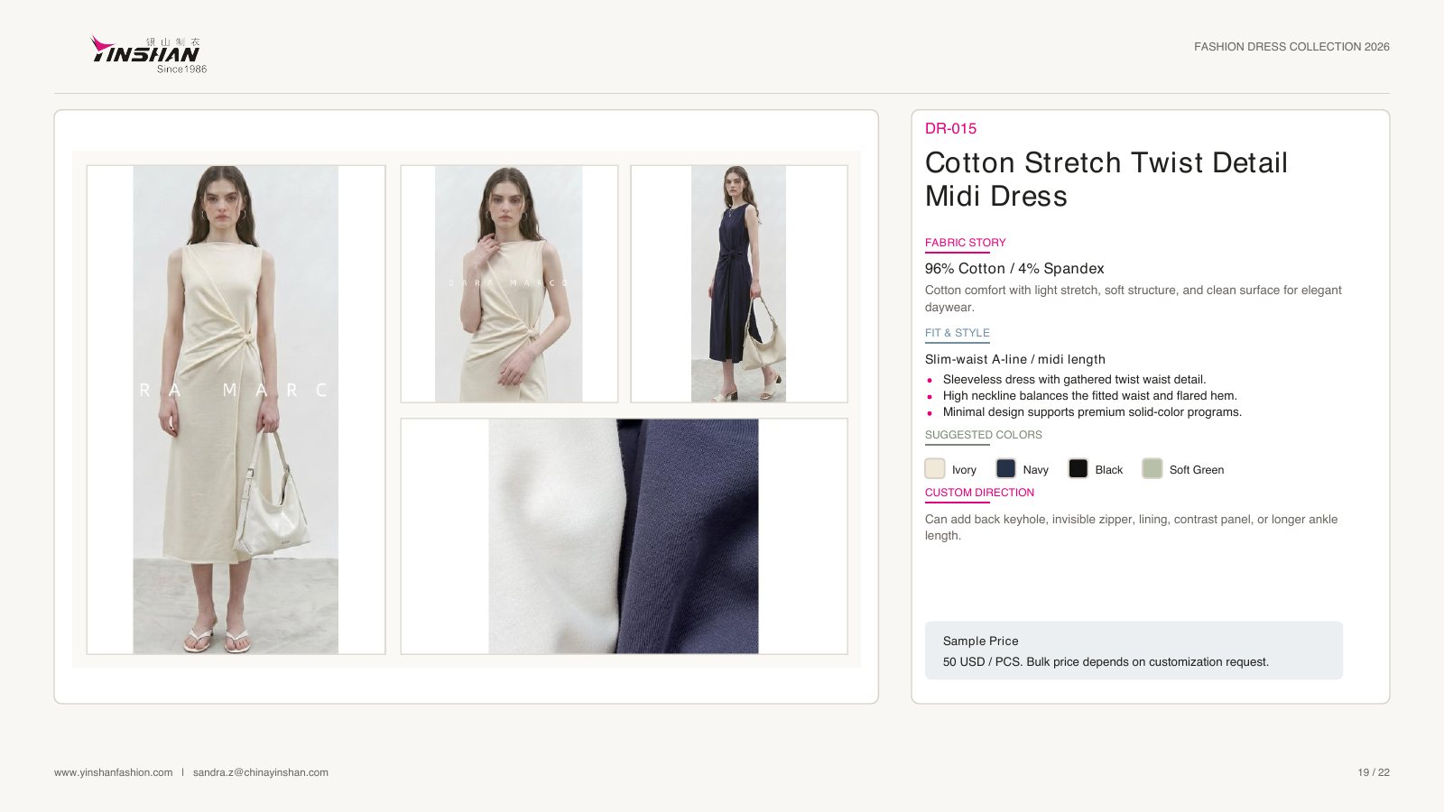 Cotton Stretch Twist Detail Midi Dress wearing and construction view 1