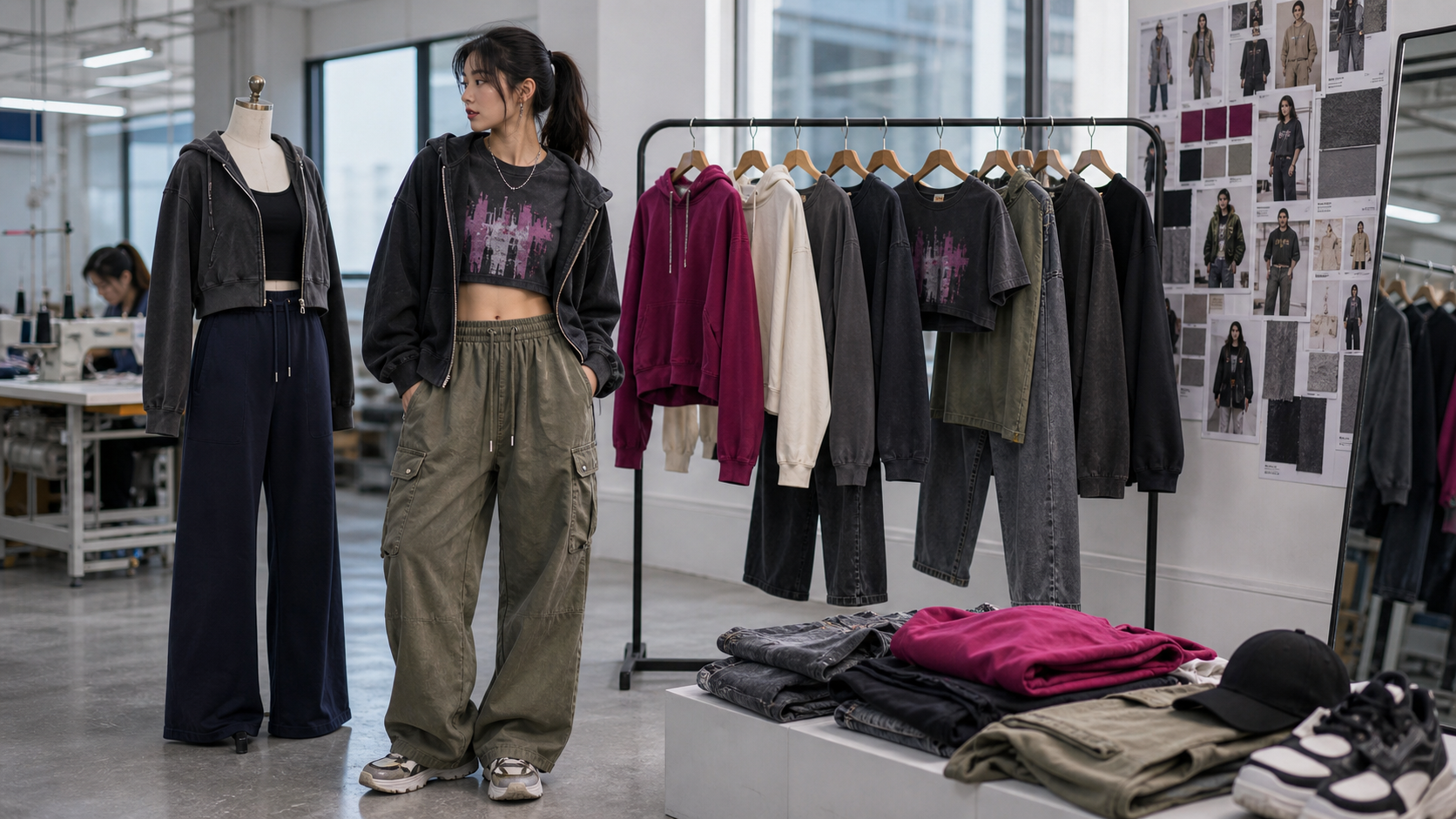 Women's streetwear collection with oversized hoodies, cargo pants, denim, and graphic tees