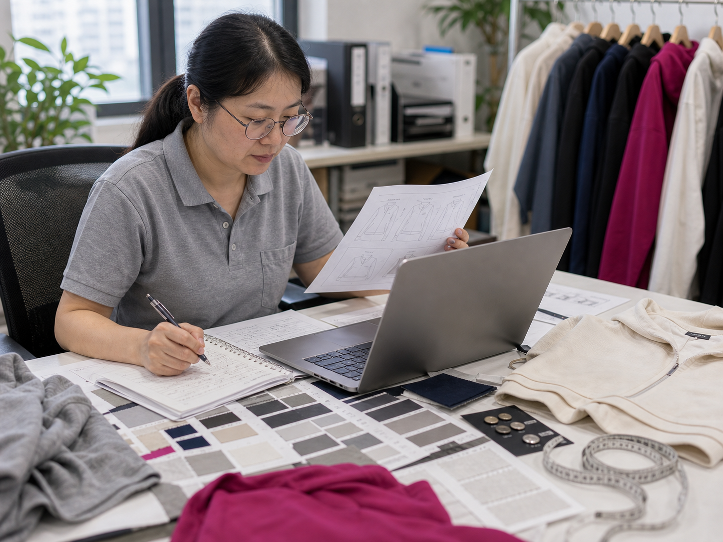 Fashion apparel merchandiser reviewing buyer enquiry, tech pack, fabric swatches, and sample details