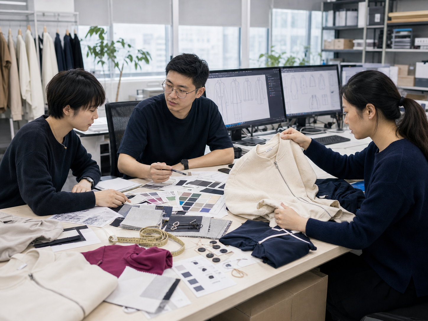 Young fashion designers working on CAD sketches, color matching, fabric swatches, and garment samples