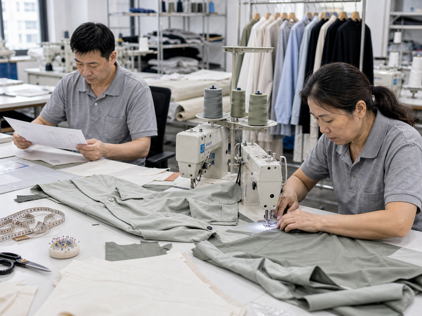 Sample makers sewing and checking a fashion garment sample on a clean sample room table