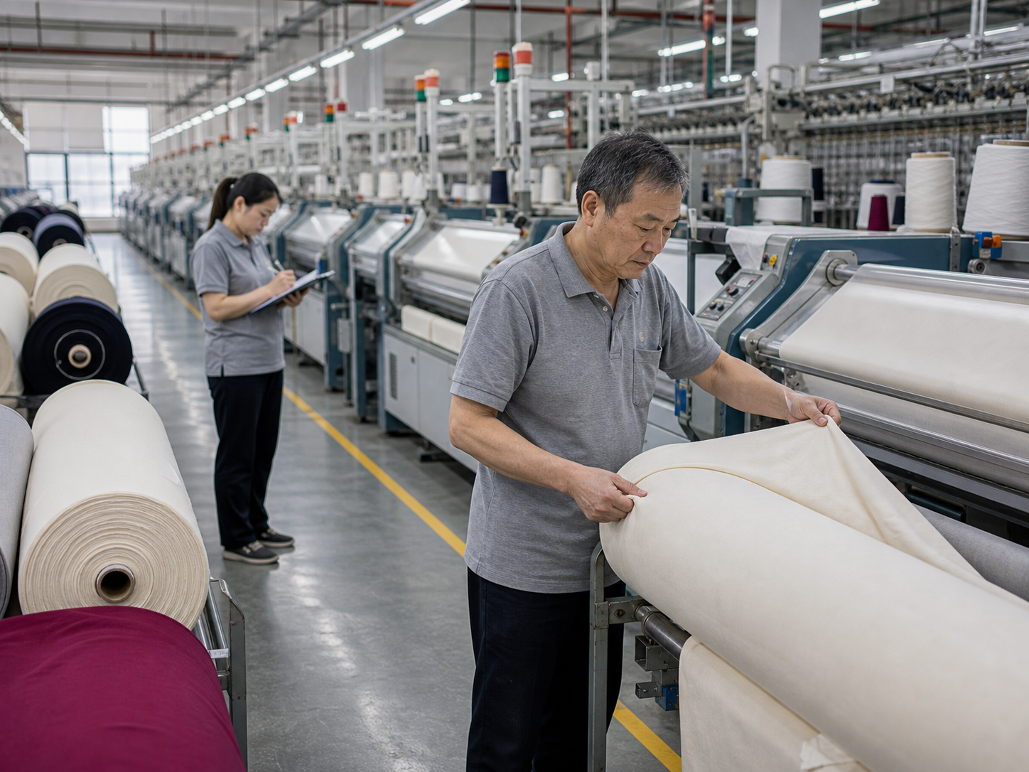 Fabric technician checking fabric rolls in a modern textile production workshop