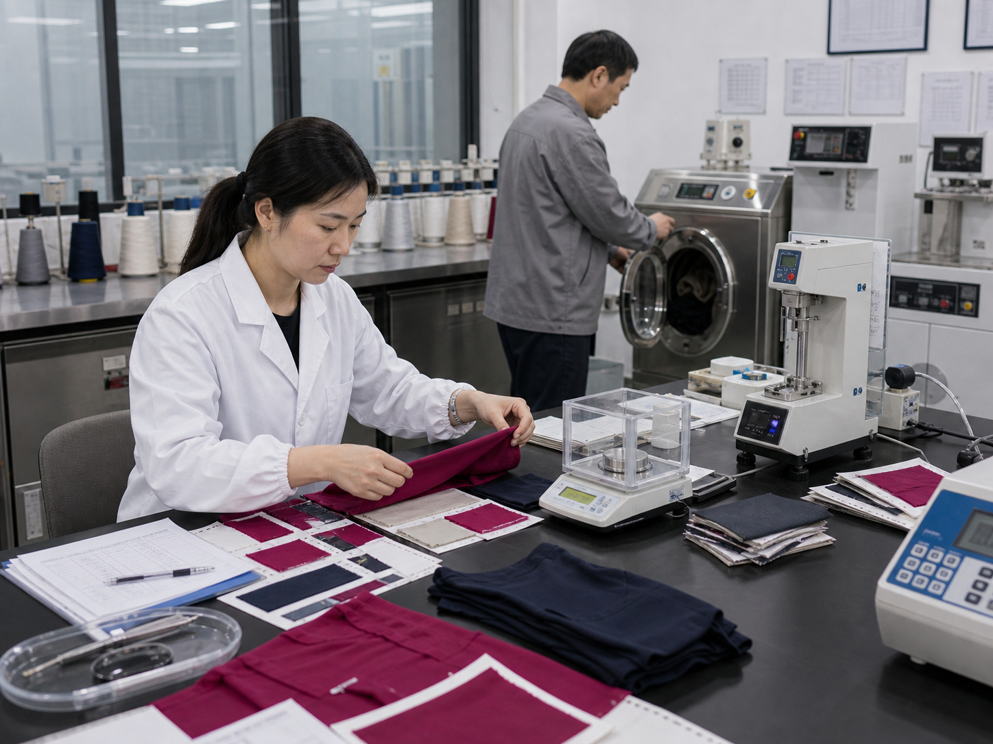 Textile testing lab checking fabric shrinkage, colorfastness, washing, and garment performance