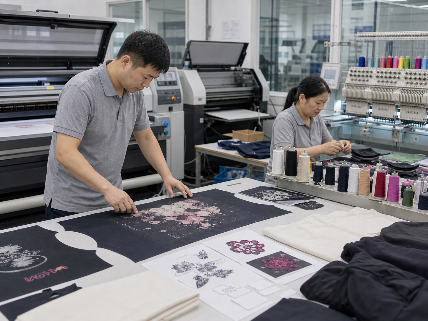 Fashion garment decoration room with print samples, embroidery threads, and apparel panels