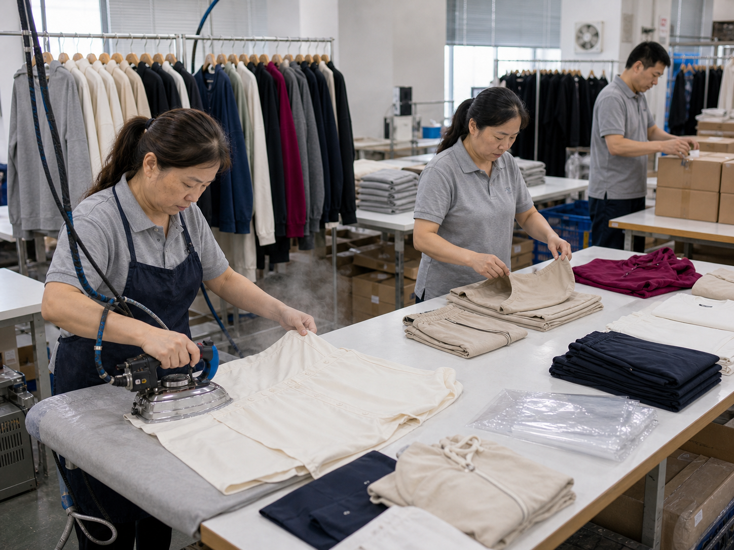 Factory finishing area with workers ironing, folding, and preparing fashion garments for packing