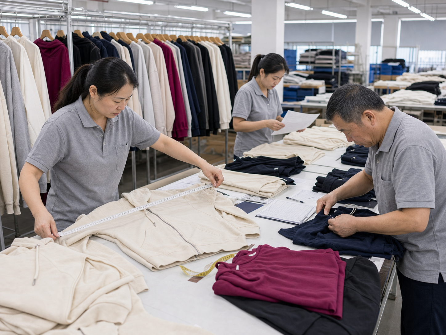 Quality control staff measuring and inspecting fashion garments on long white inspection tables
