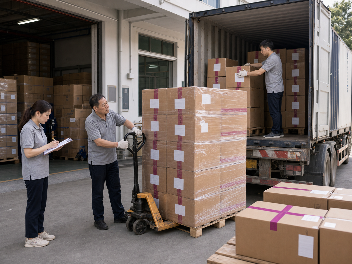 Factory warehouse team loading export cartons of finished fashion garments into a delivery truck