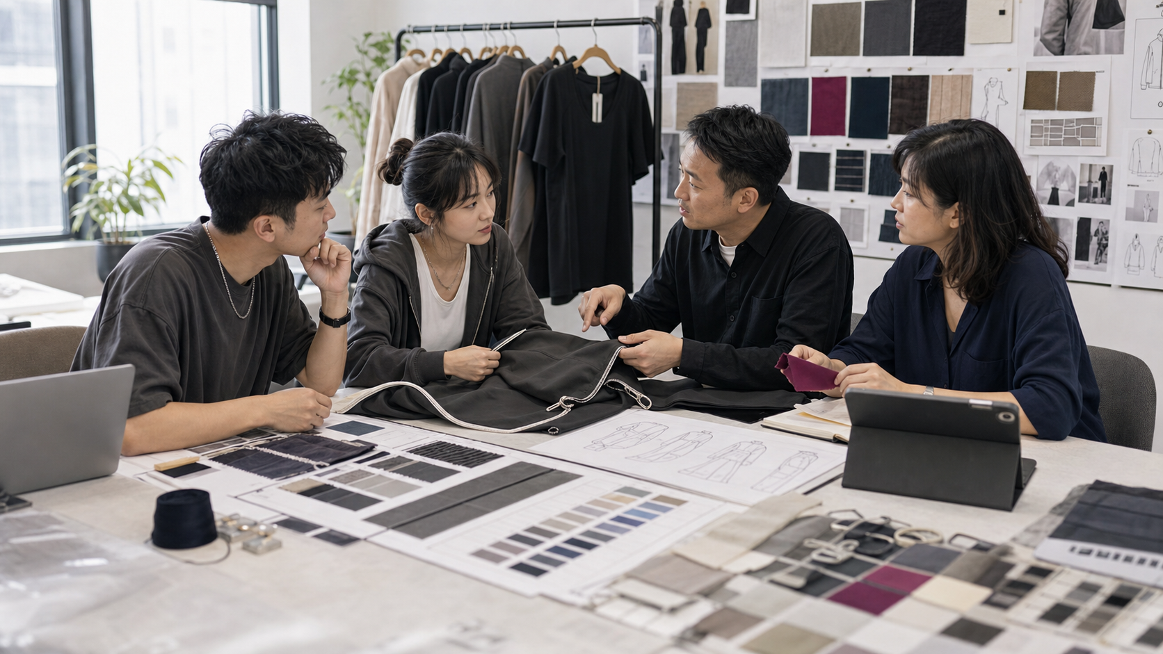 Fashion product developers reviewing fabric, trims, color, and customization details